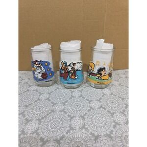 Lot of 3 Welch's Glass Jars featuring Dr Seuss Disney Peanuts Characters